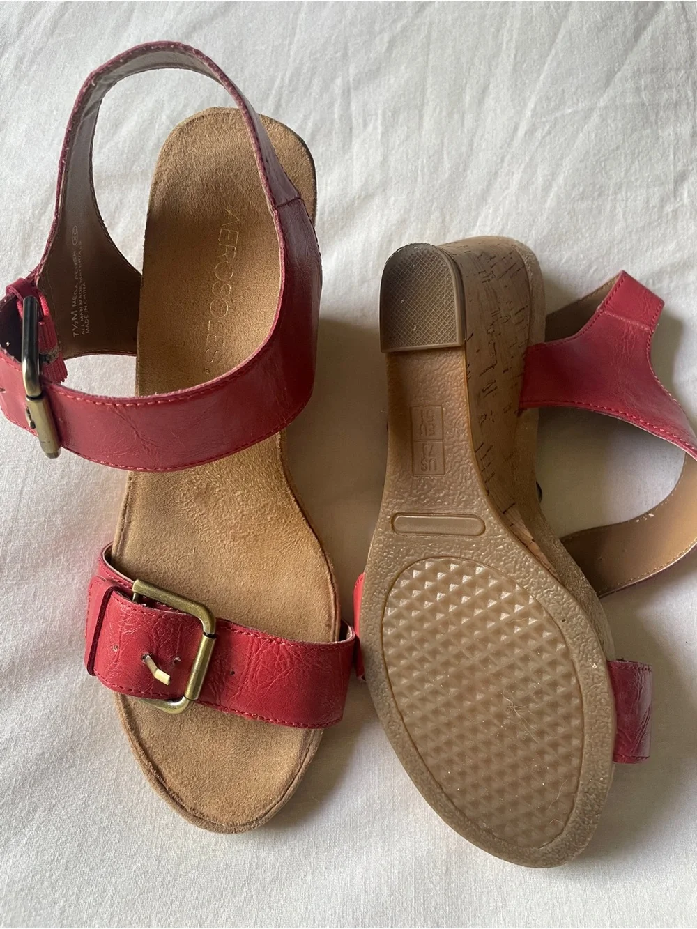 🎀AEROSOLES Red Leather Cork Wedge Sandals with Buckle